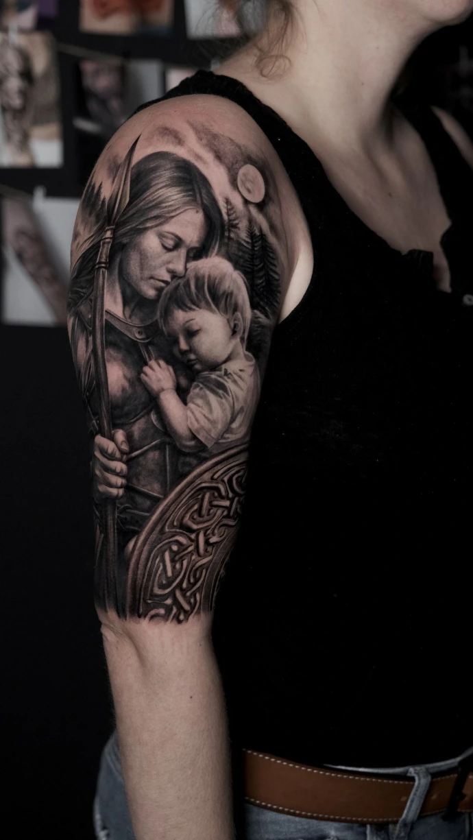 Dein emotionales Kriegerin &amp; Kind Realismus Tattoo in Friedberg, Hanau und Frankfurt am Main – book your professional black and grey mythology session now. Realistic Black and Grey Mother Warrior with Child and Celtic Shield Tattoo in Friedberg Hanau Frankfurt am Main