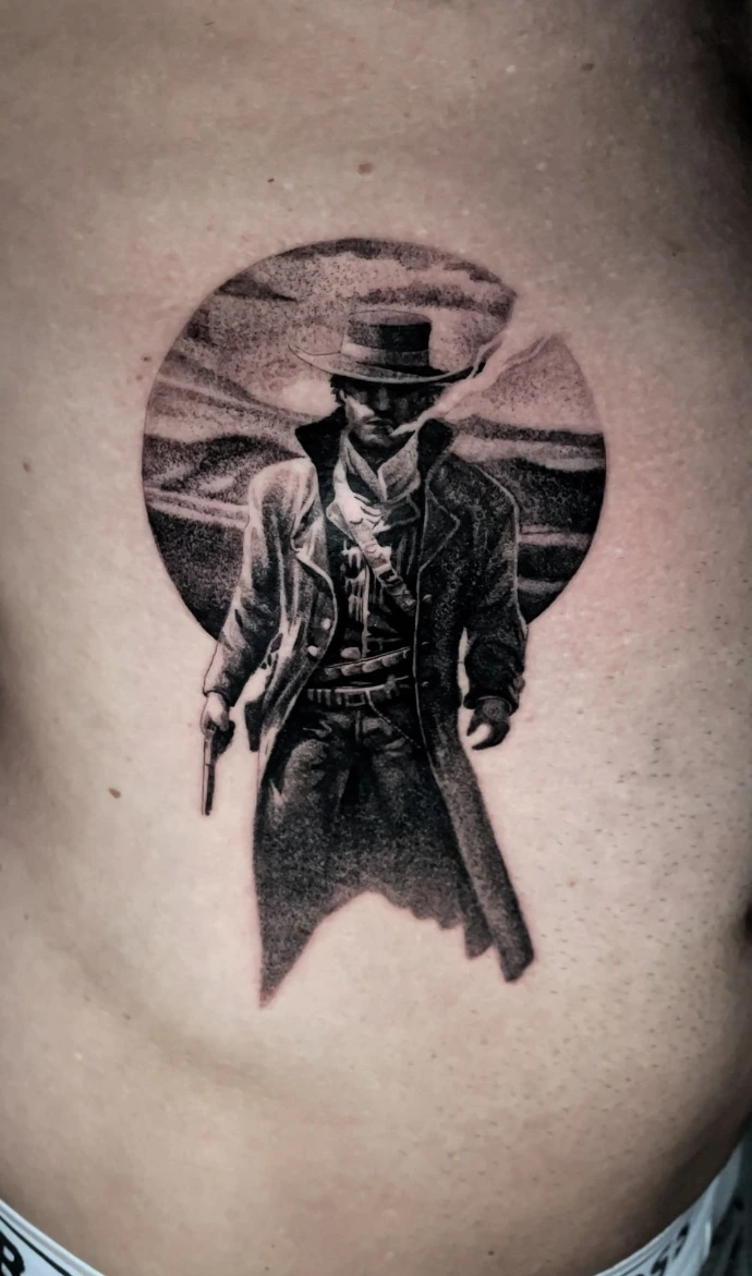 Dein exklusives Cowboy-Tattoo im Grafik-Stil mit Whipshading in Friedberg, Hanau und Frankfurt am Main – book your professional Arthur Morgan Wild West session now. Graphic Whipshading Arthur Morgan Cowboy Tattoo in Friedberg Hanau Frankfurt am Main