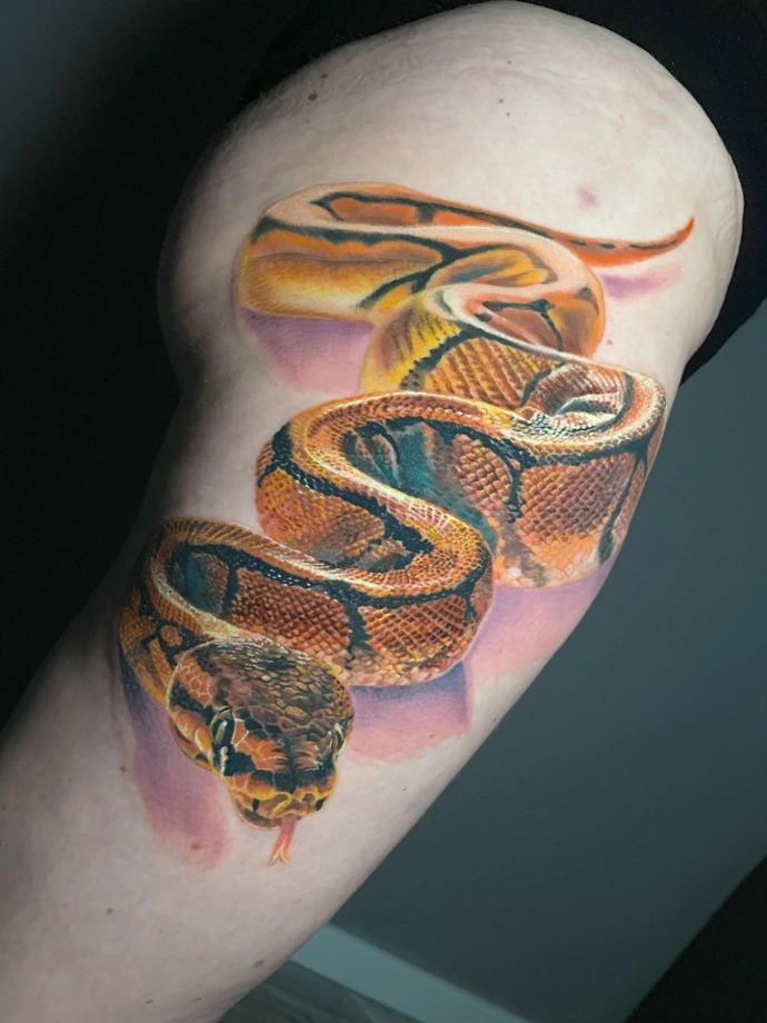 Dieses beeindruckende Realismus-Tattoo am Oberschenkel setzt eine majestätische Schlange mit lebendiger Farbtiefe und plastischer Dynamik in Szene. Die kunstvolle Umsetzung im Farbrealismus besticht durch die präzise Detailtreue jeder einzelnen Schuppe und die harmonische Kombination aus warmen Orange-, Gold- und Brauntönen, die durch sanfte violette Schattierungen im Hintergrund eine außergewöhnliche Dreidimensionalität auf der Haut erzeugen.