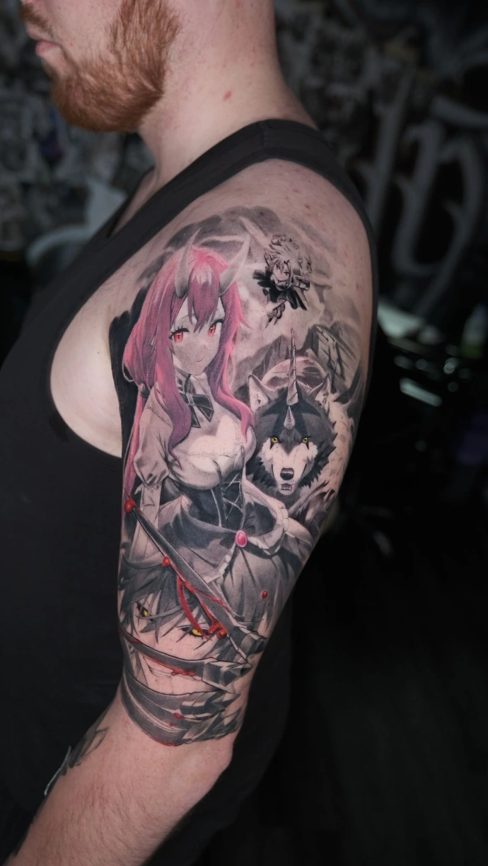 Dein exklusives Anime-Sleeve Tattoo mit Shuna und Ranga in Friedberg, Hanau und Frankfurt am Main – book your professional color realism and manga tattoo session now. Realistic Anime Sleeve Tattoo with Shuna and Ranga from Slime in Friedberg Hanau Frankfurt am Main