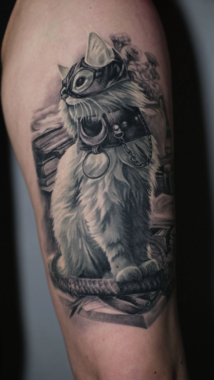Dieses außergewöhnliche Black-and-Grey Realismus-Tattoo am Oberarm zeigt eine weiße Katze in einem kunstvollen Catwoman-Kostüm, das durch seine feine Detailtiefe und plastische Schattierung besticht. Die meisterhafte Umsetzung im Fantasy-Realismus kombiniert weiche Fellstrukturen mit den harten Konturen der Ledermaske und des Halsbands, wodurch ein kontrastreiches und individuelles Porträt auf der Haut entsteht