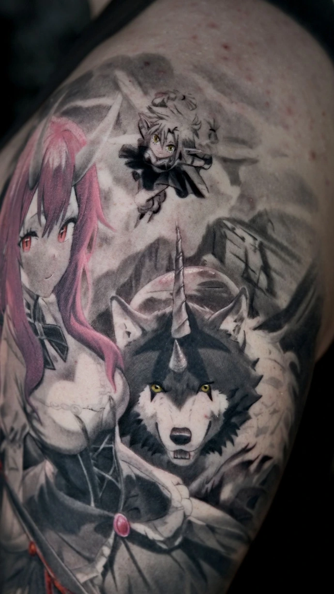Dein exklusives Anime-Sleeve Tattoo mit Shuna und Ranga in Friedberg, Hanau und Frankfurt am Main – book your professional color realism and manga tattoo session now. Realistic Anime Sleeve Tattoo with Shuna and Ranga from Slime in Friedberg Hanau Frankfurt am Main