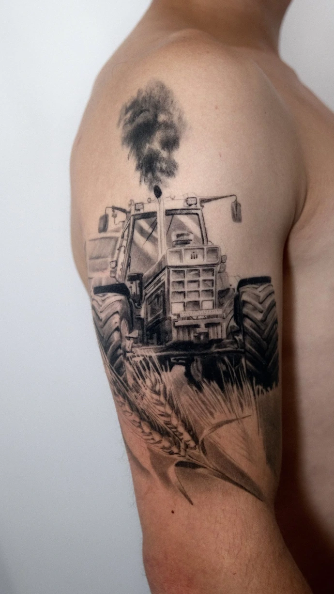 Dein individuelles Landwirtschaft-Realismus Tattoo mit Traktor und Weizen in Friedberg, Hanau und Frankfurt am Main – book your professional black and grey realism session now. Realistic Black and Grey Tractor and Wheat Ear Tattoo in Friedberg Hanau Frankfurt am Main